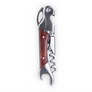 A corkscrew tool with a polished silver metal body and a dark brown wooden handle, shown vertically on a plain white background.