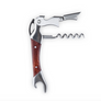 A corkscrew wine opener tool with a polished silver metal body and a reddish-brown wooden handle grip, shown fully extended on a solid white background.