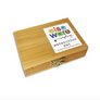 A bamboo wood box with a brass clasp lid, featuring a white label that reads 'elseware unplugged watercolor set 18 color card and a travel size palette'.