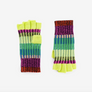 A pair of ribbed knit fingerless gloves with horizontal multicolor stripes in neon yellow, green, teal, purple, and orange, shown on a plain white background.