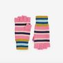 A pair of striped fingerless knit gloves laid flat on a white background. The gloves feature horizontal stripes in pink, navy blue, light pink, light blue, and mustard yellow.