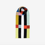 A multicolor knit scarf with a geometric block pattern, featuring vertical stripes and square blocks of black, yellow, mint green, red, pink, blue, and beige, shown on a plain white background.