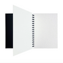 A spiral-bound sketchbook or notebook with black cover partially in view. Shown open against a plain white background, with textured white pages and a black spiral binding.