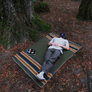 Person lying on a striped blanket in a forest setting