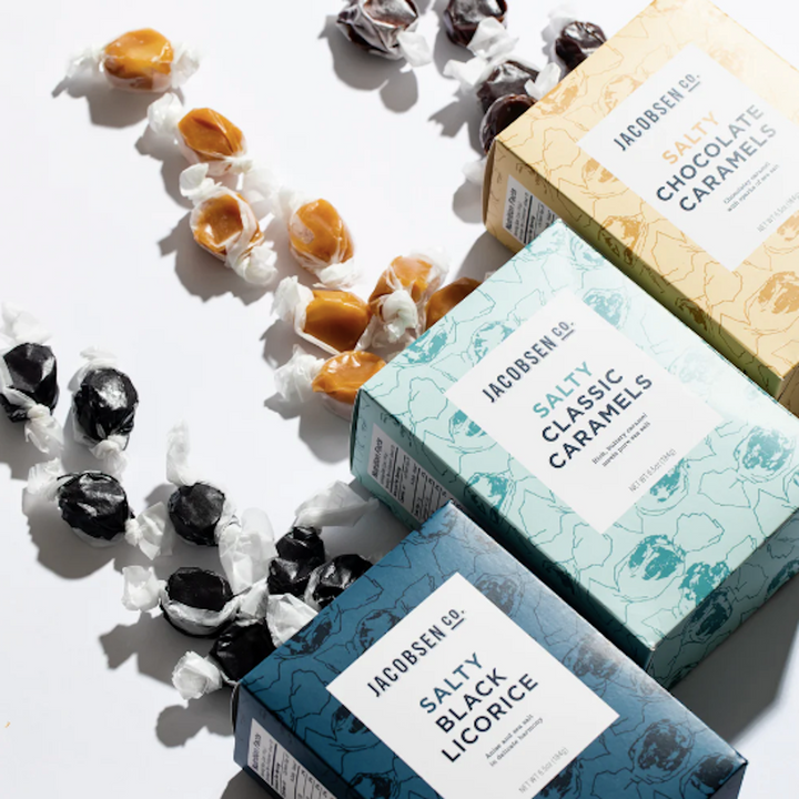 Jacobson Salty Candy, three boxes of flavored candy, black licorice, classic caramels, chocolate caramels