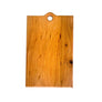 A rectangular mahogany wood serving board with a smooth finish and beveled edges, featuring a hole for hanging.