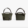 Front and back views of olive green Classic Messenger Bag with straps and carrying handle, shown on a plain white background.