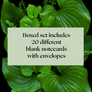 Photo of assorted bright green plant leaves agains dark black background. Inset text block centered with phrase 'Boxed set includes 20 different black notecards with envelops'  on light green background.