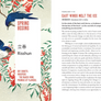 A printed page with a decorative spring-themed illustration in red, orange, and blue tones, alongside English and Japanese text. The page includes the title 'Spring Begins' and the word 'Rishun' in Chinese characters.