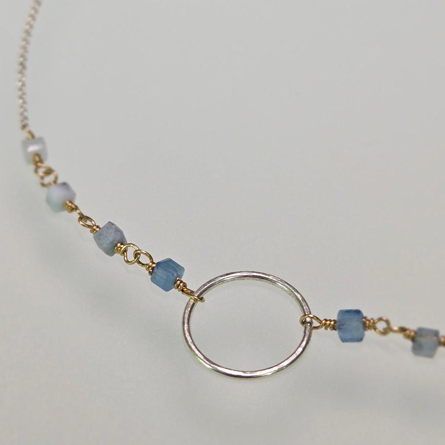 Kylie Necklace with hand-hammered circle, gemstones, wire accents, detail