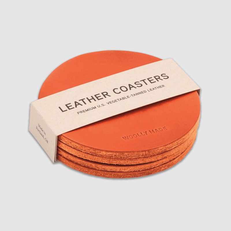 Set Of 4 Square Leather Coasters With Holder - Mountain Bear Design, Full Grain Leather