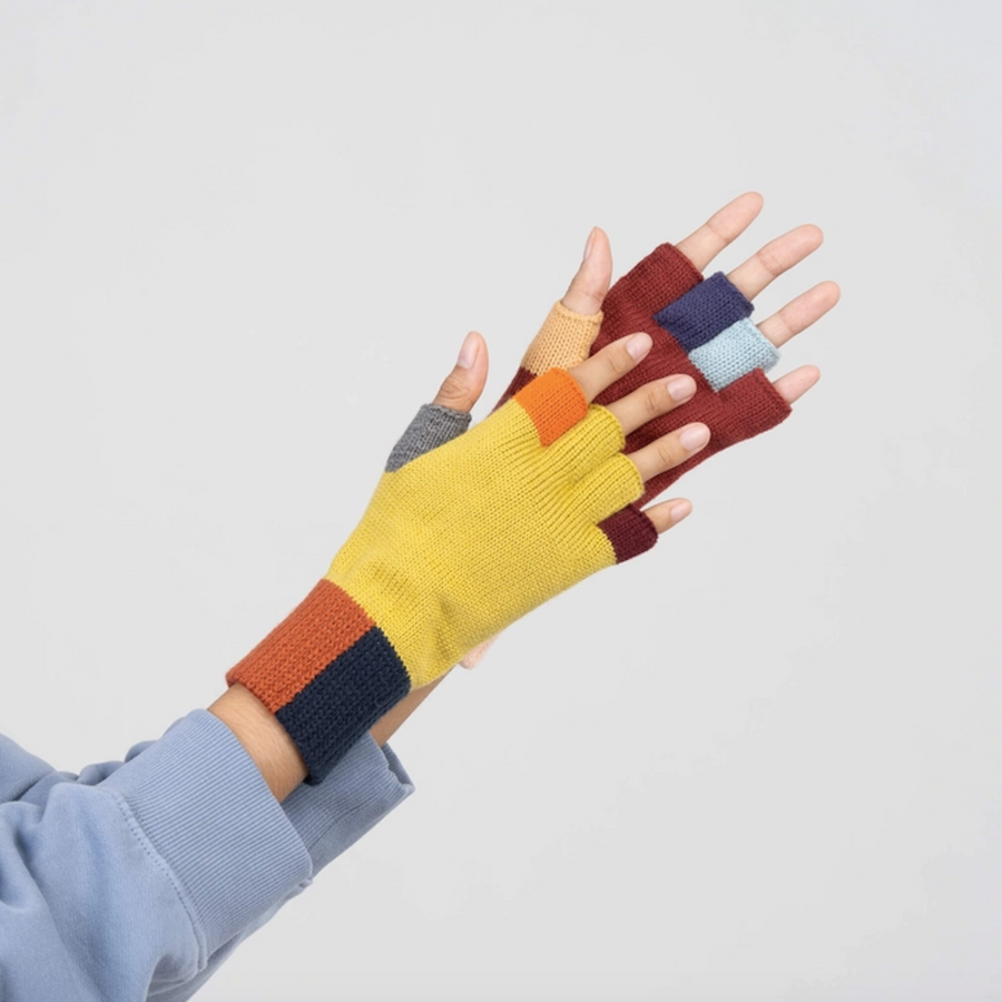 Hand model wearing Mismatch Fingerless Gloves, Dessert pattern, colorful knit gloves