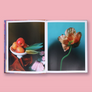 An open art book displayed flat against a solid pink background. The book's pages feature two distinct still life photographs: one showing peaches in a white bowl with green leaves on a dark background, and the other showing a dried orange-brown flower on a teal background.